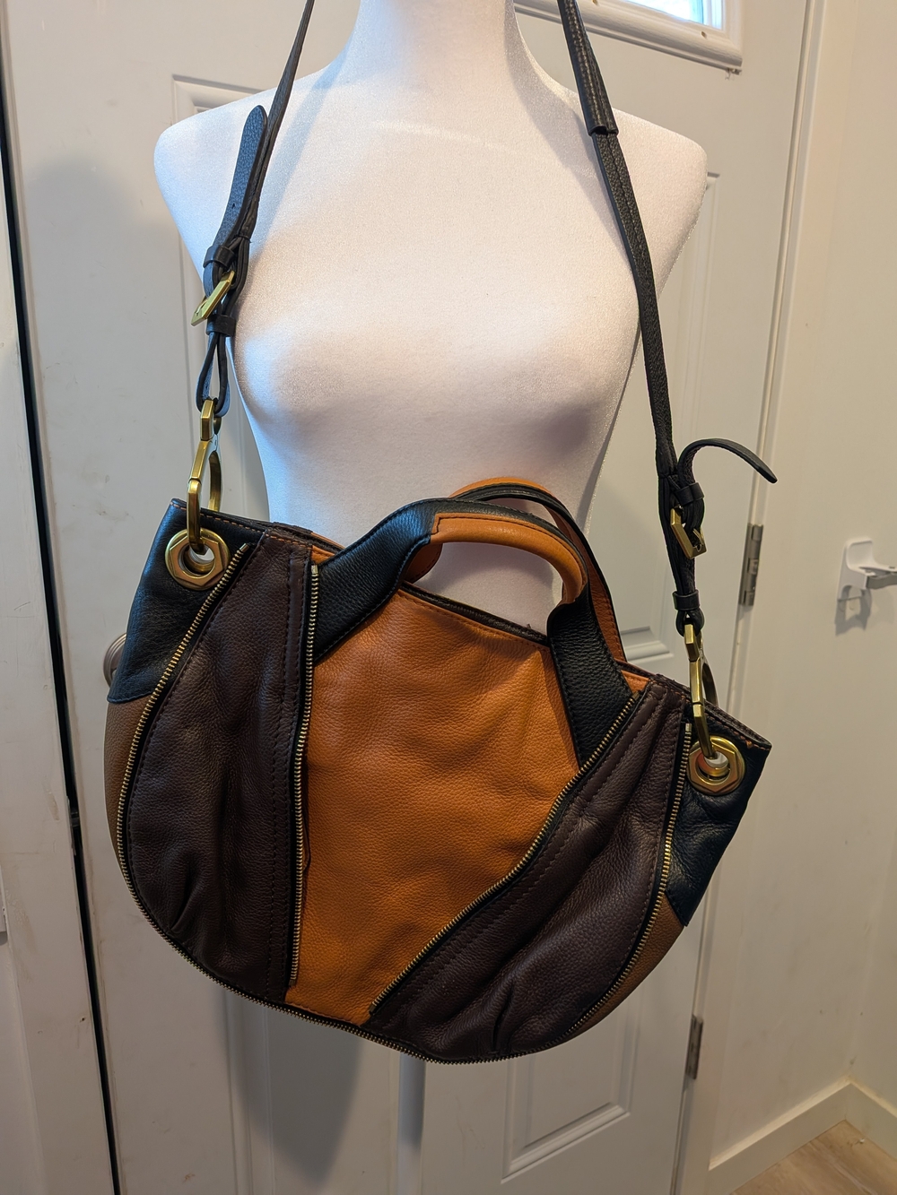 orYANY Tri-Color Leather Shoulder Bag in Orange, Dark Brown & Black